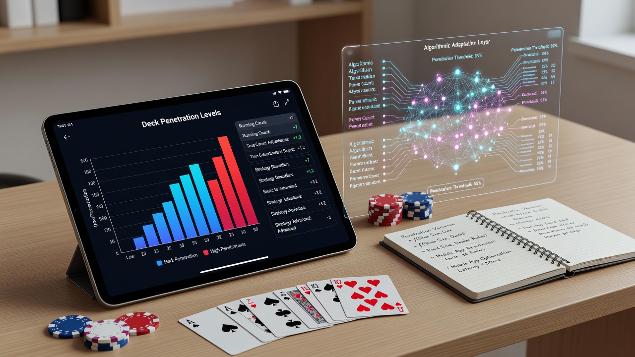 Detailed view of card counting adjustments overlaid on a variable penetration blackjack simulation