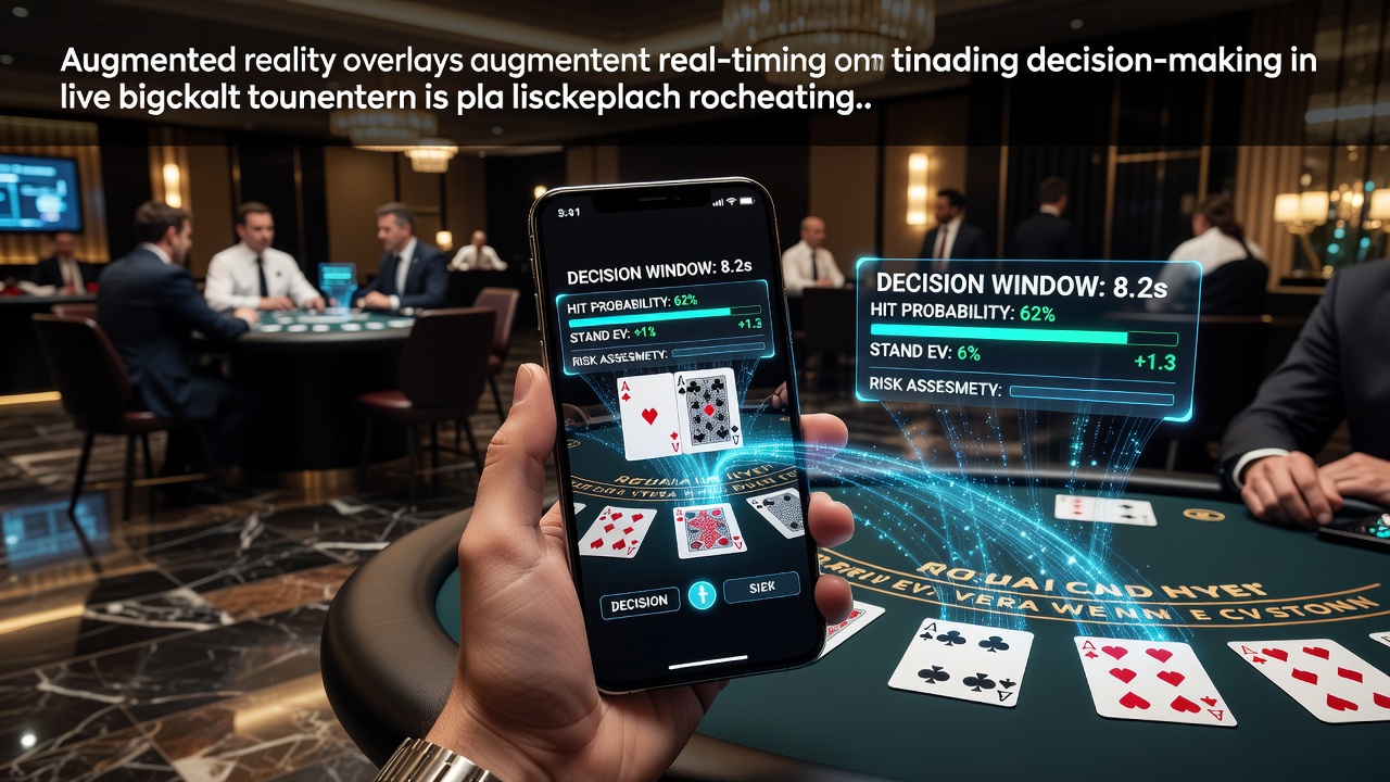 Mobile screen displaying augmented reality overlays during a live blackjack tournament with real-time decision indicators