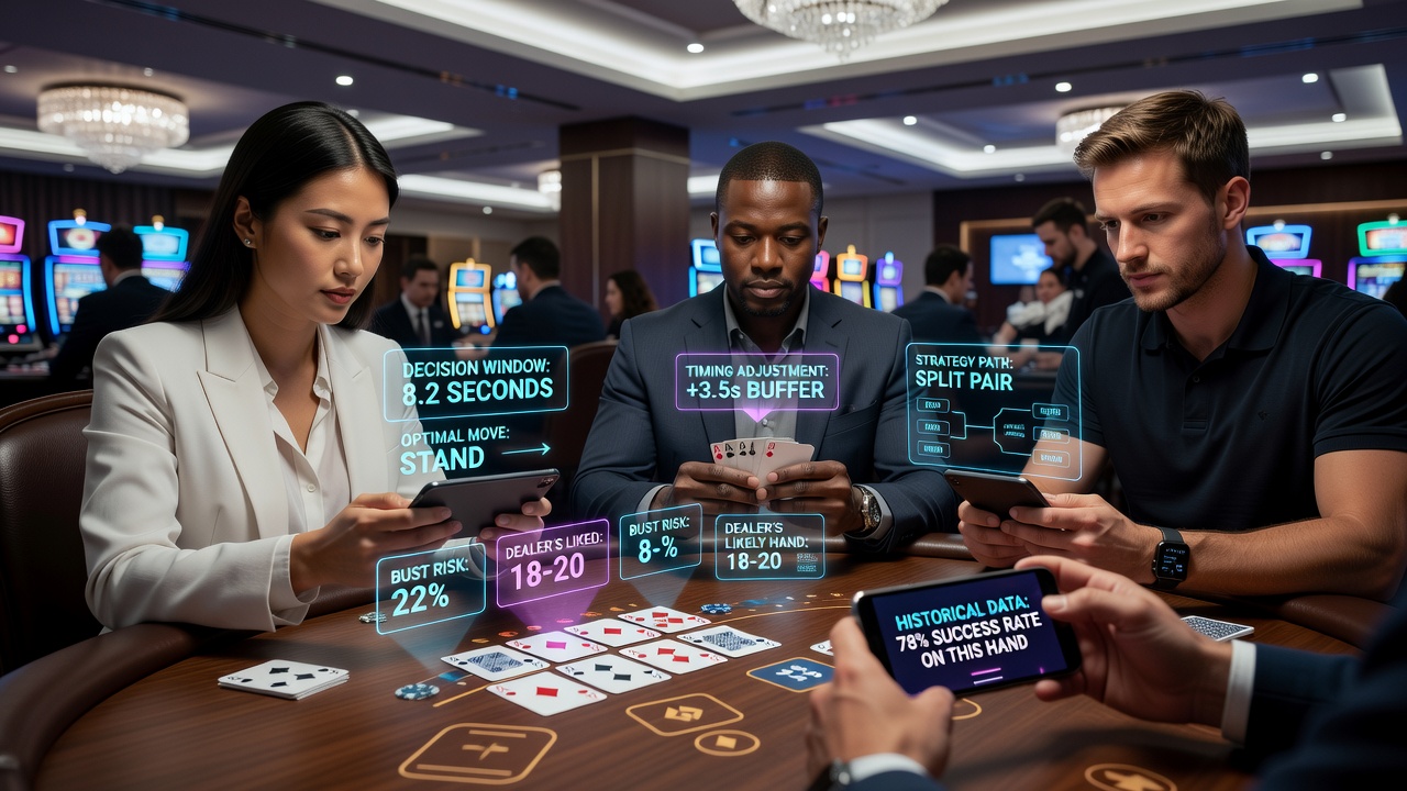 Close-up view of AR interface showing timing countdown and probability overlays on a mobile blackjack tournament screen