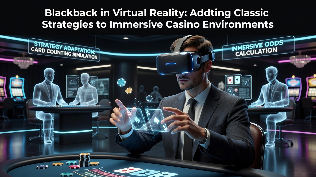 Virtual reality headset user at a digital blackjack table with holographic cards and chips