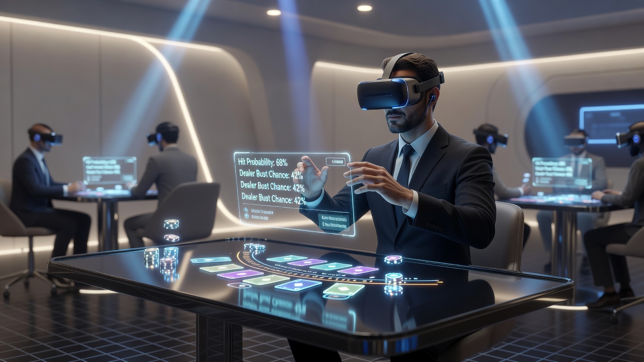 Immersive VR blackjack scene showing multiple players around a virtual table with strategy charts displayed