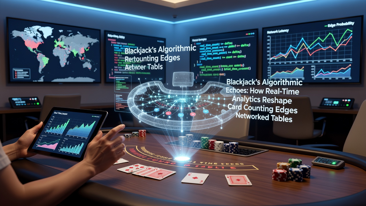 Networked blackjack tables displaying real-time analytics overlays on dealer screens and player interfaces