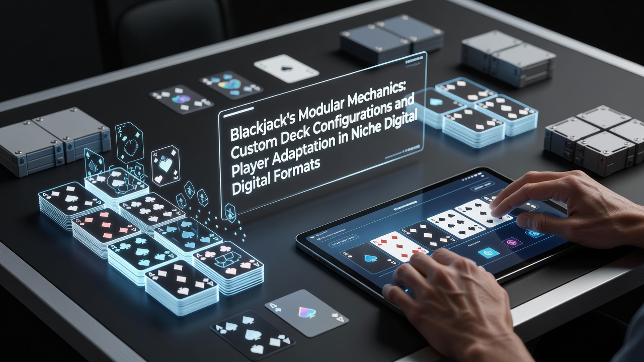 Digital blackjack interface showing customizable deck settings and modular game parameters on a niche gaming platform