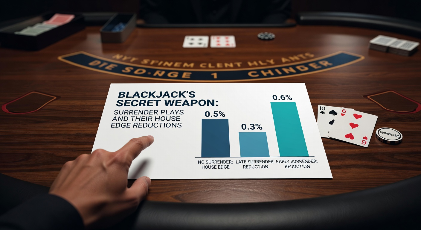 Blackjack table showing surrender option on a strategy chart, with dealer peeking for blackjack