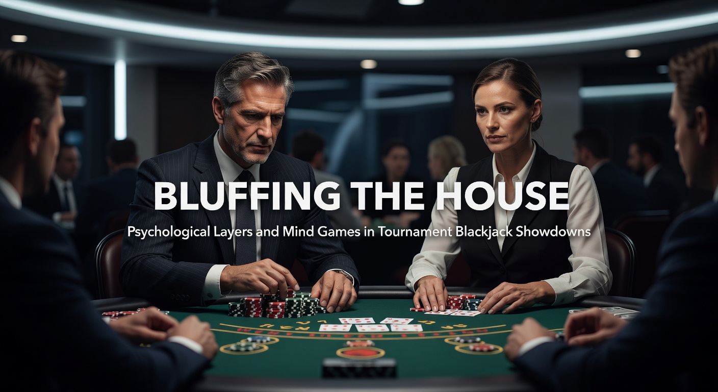 Intense tournament blackjack table with players locked in psychological battle, chips stacked high amid tense stares