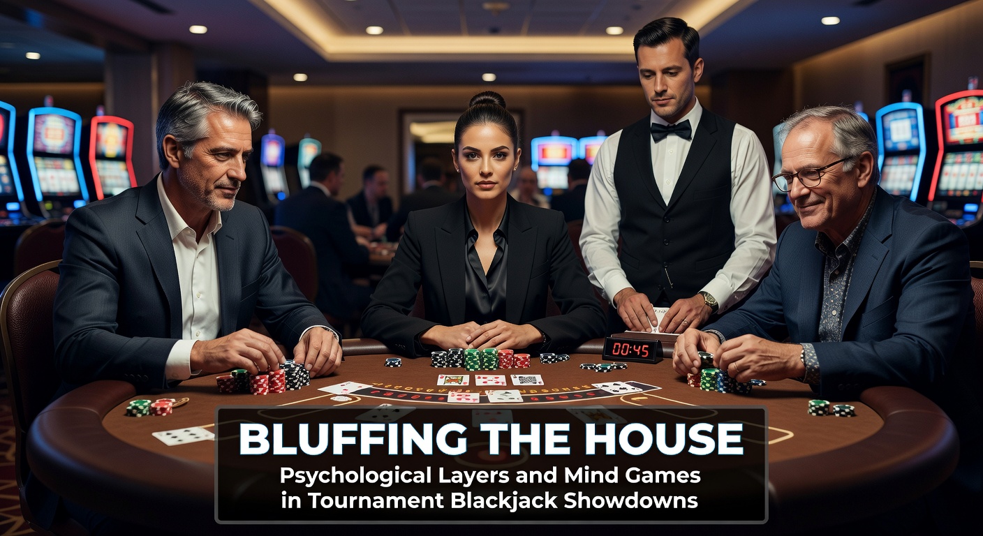 Close-up of tournament players exchanging subtle glances and gestures during a high-tension bluffing sequence