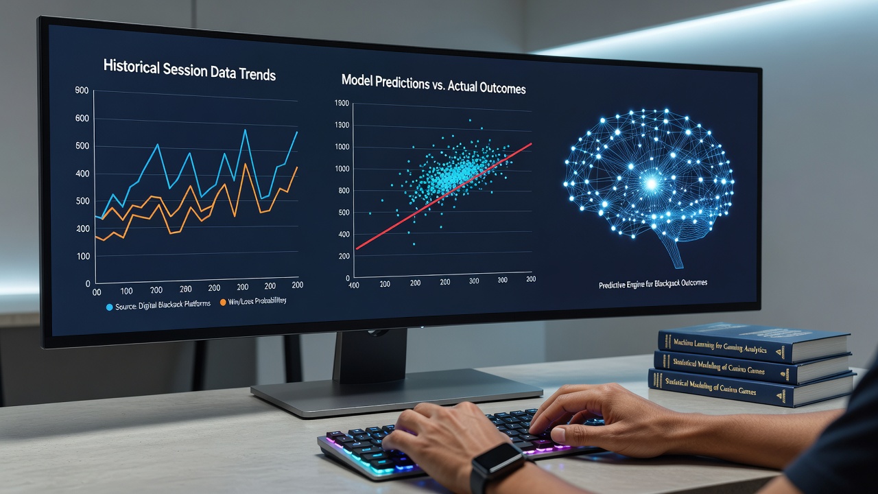 Digital interface displaying blackjack session logs and predictive analytics charts from an online platform