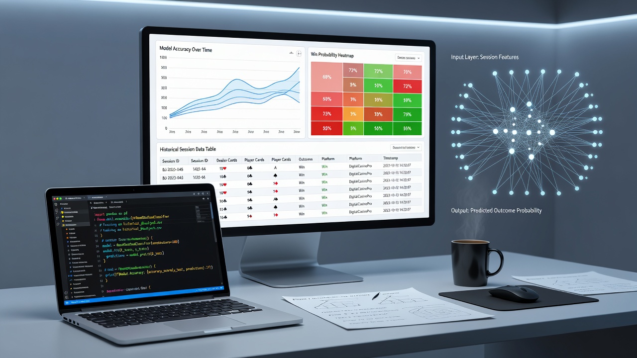 Analyst reviewing predictive model outputs on multiple monitors showing blackjack probability heatmaps and session trend lines