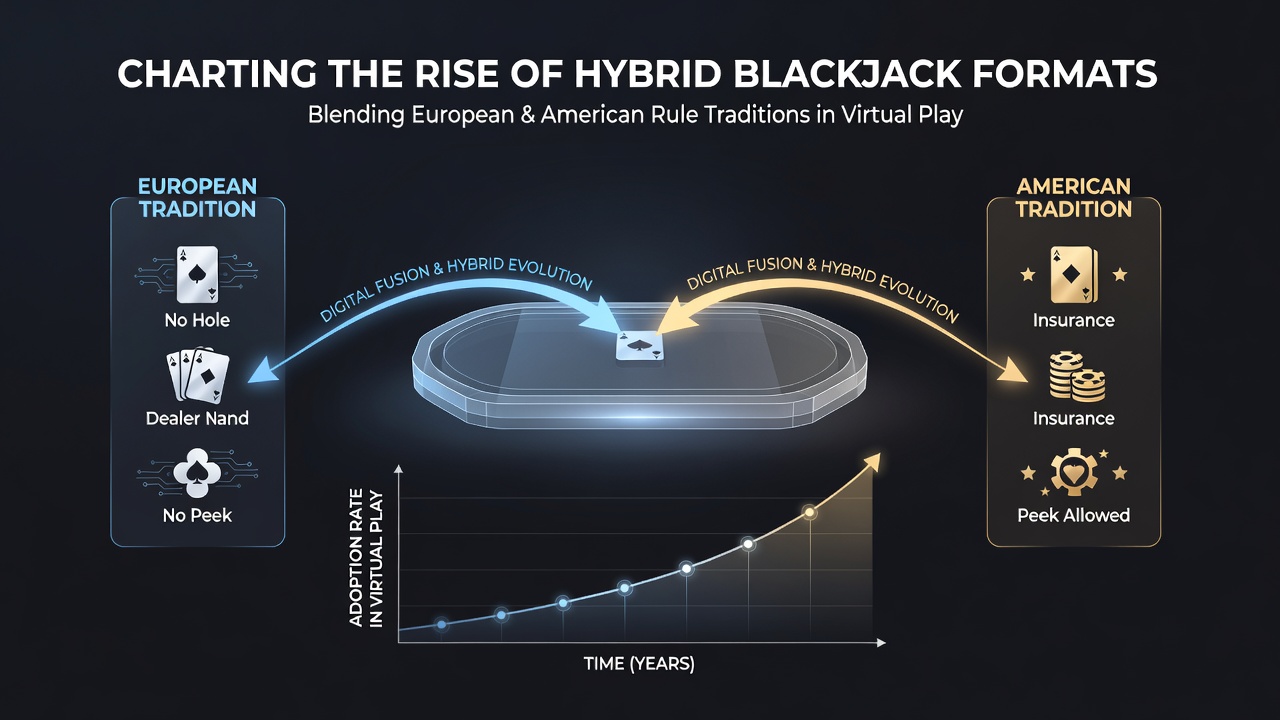 Virtual blackjack table showing combined European and American rule elements in an online casino interface