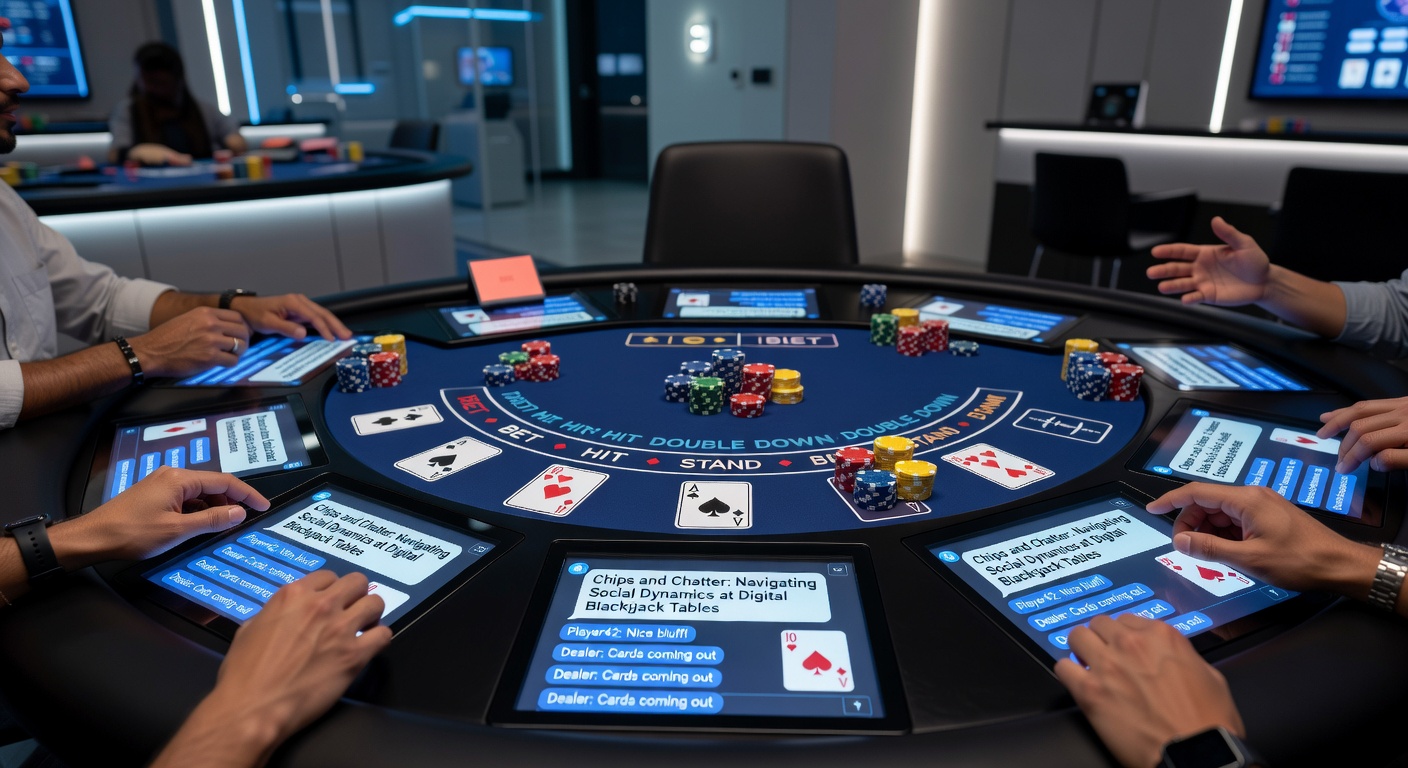Players engaging in chat at a lively digital blackjack table, chips stacked high amid animated dealer interactions