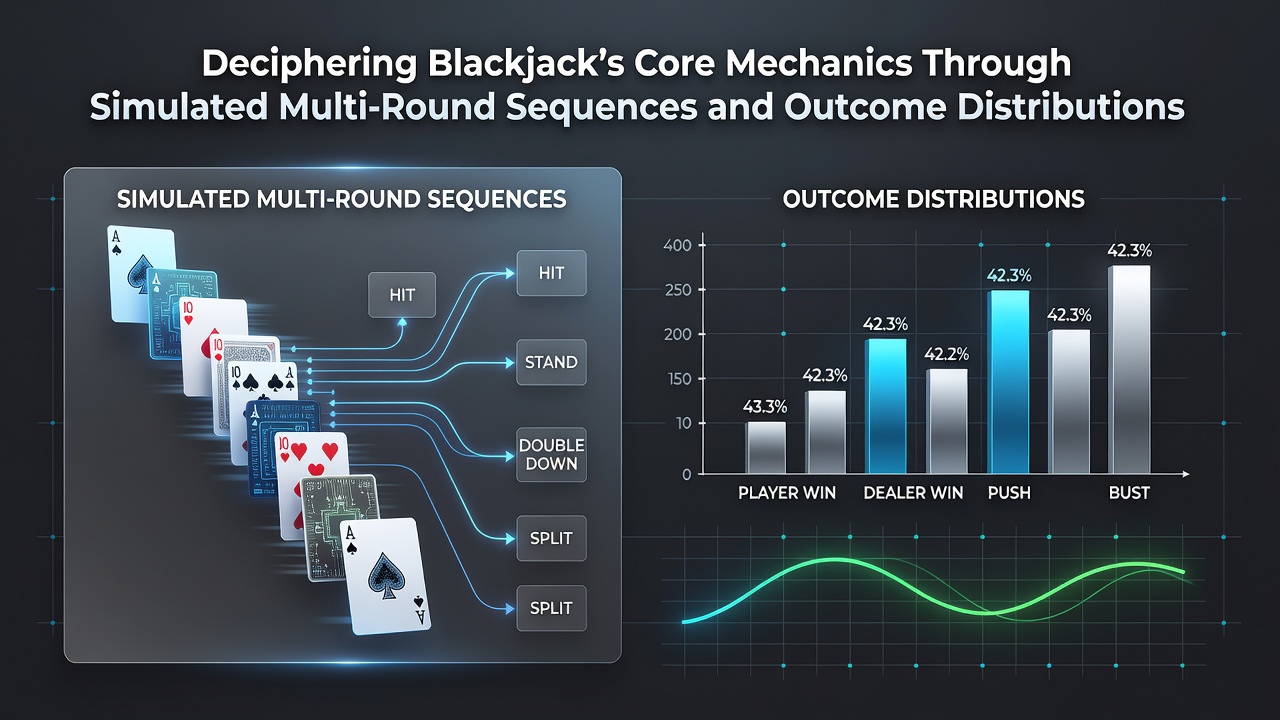 Simulation software displaying multi-round blackjack sequences with outcome probability charts and card distribution graphs