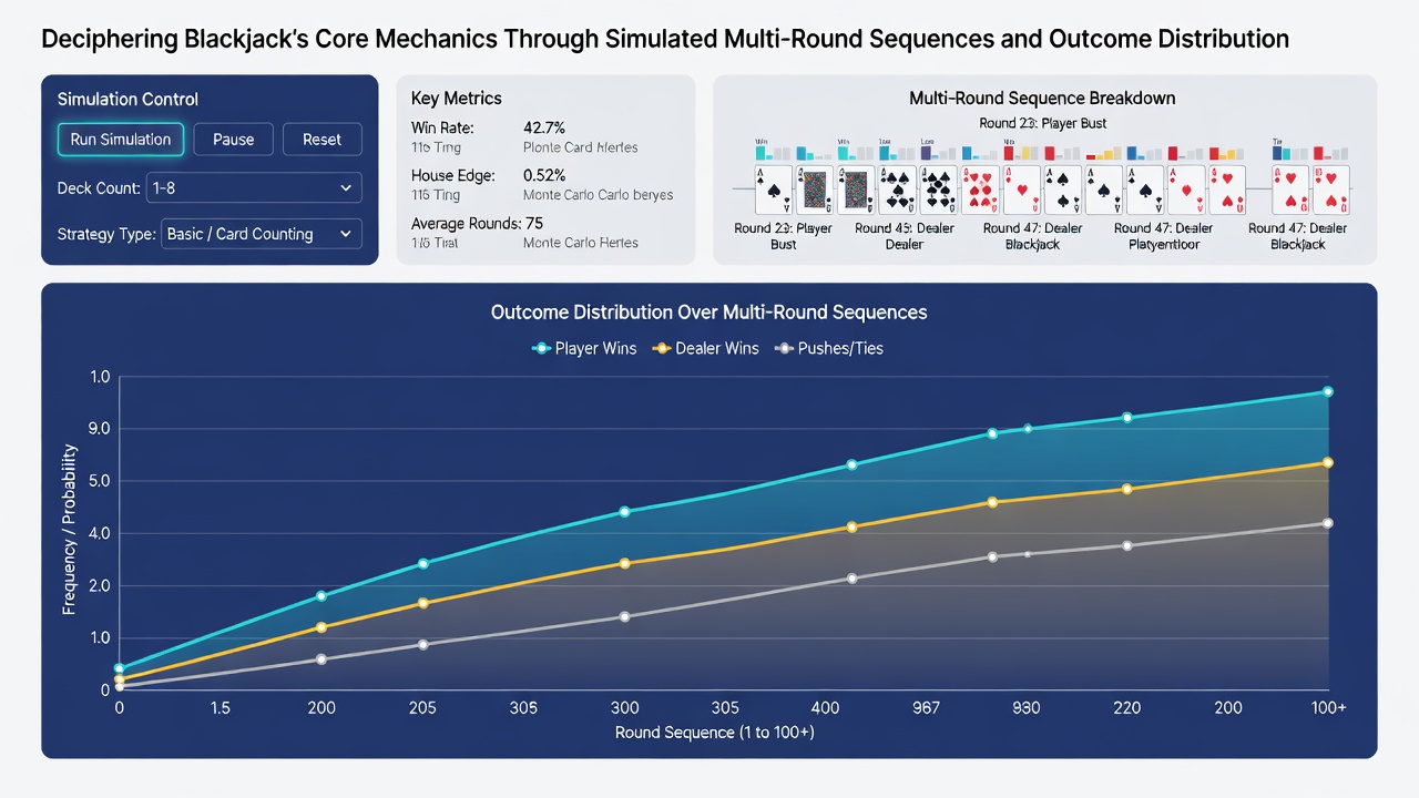 Detailed graphs showing blackjack outcome distributions from multi-round simulations including win streaks and bankroll variance curves