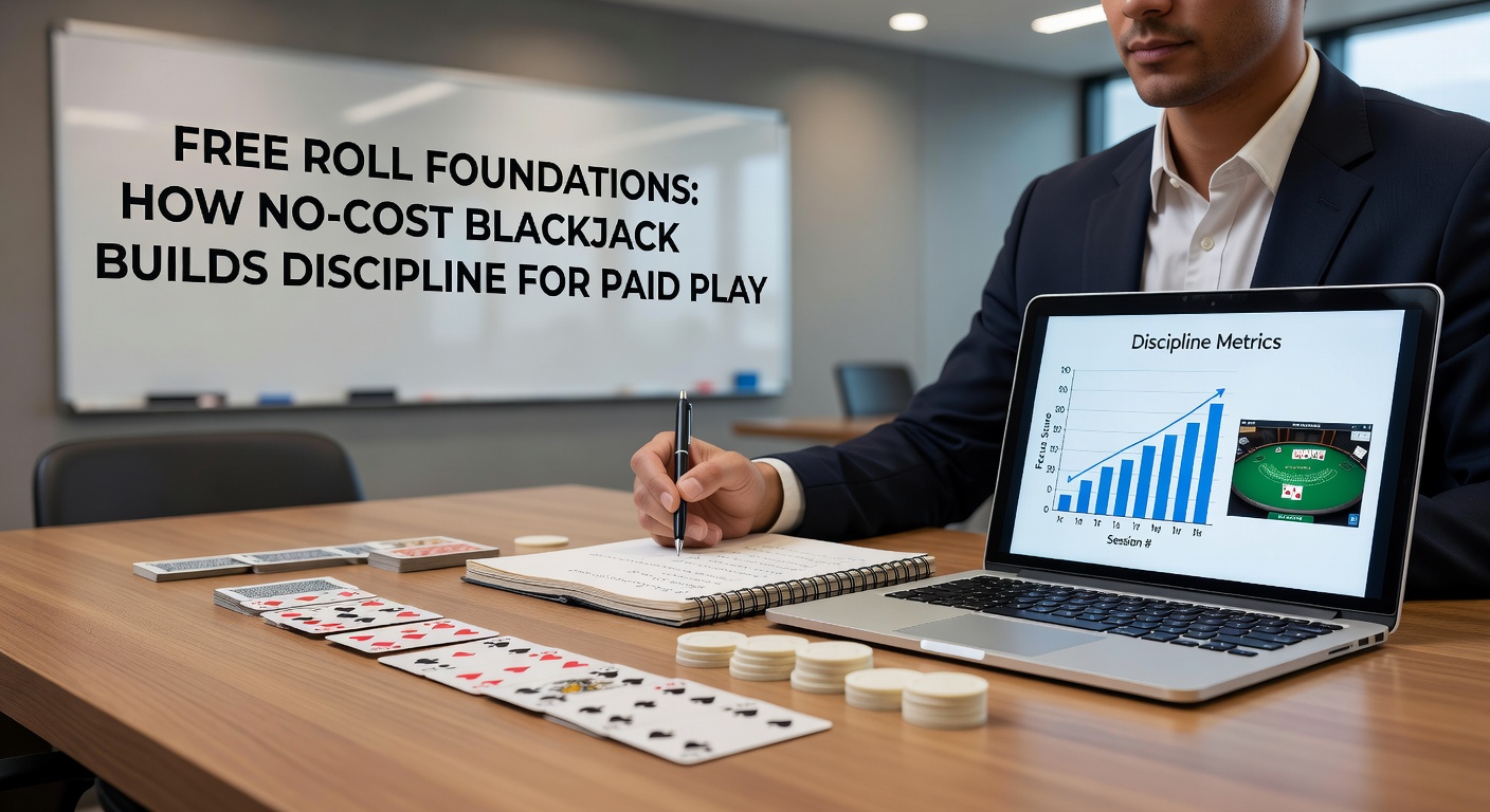 A digital blackjack table in demo mode displaying free chips and strategy charts, illustrating risk-free practice sessions