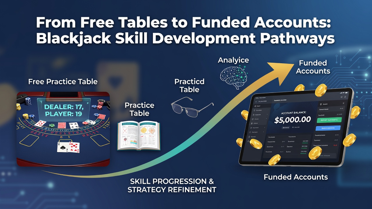 Blackjack skill progression chart showing transition stages from free practice to funded account management