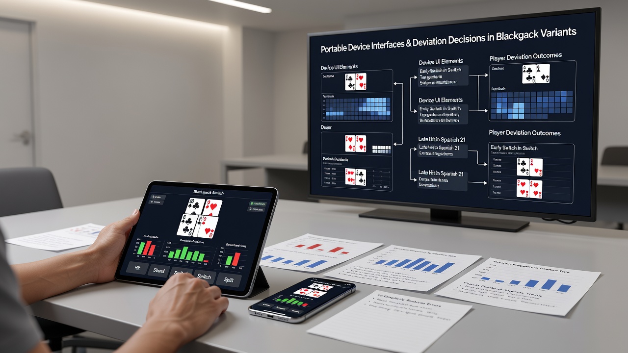 Close-up of tablet screen showing Blackjack Switch hands with deviation strategy overlay