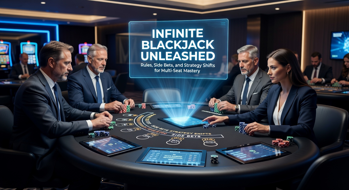 Dynamic live dealer table in Infinite Blackjack Unleashed with multiple betting spots illuminated under casino lights