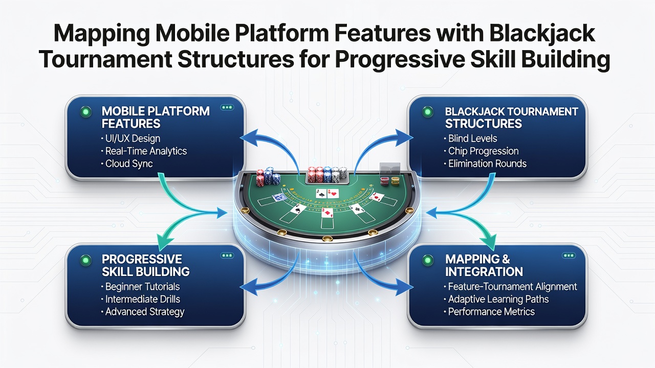 Mobile blackjack app interface showing tournament lobby and progressive skill progression tools