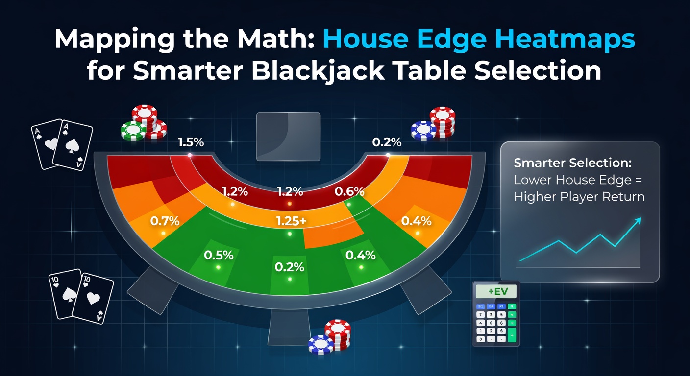 Color-coded heatmap displaying house edge variations across blackjack rule combinations, with green zones for low edges and red for higher ones