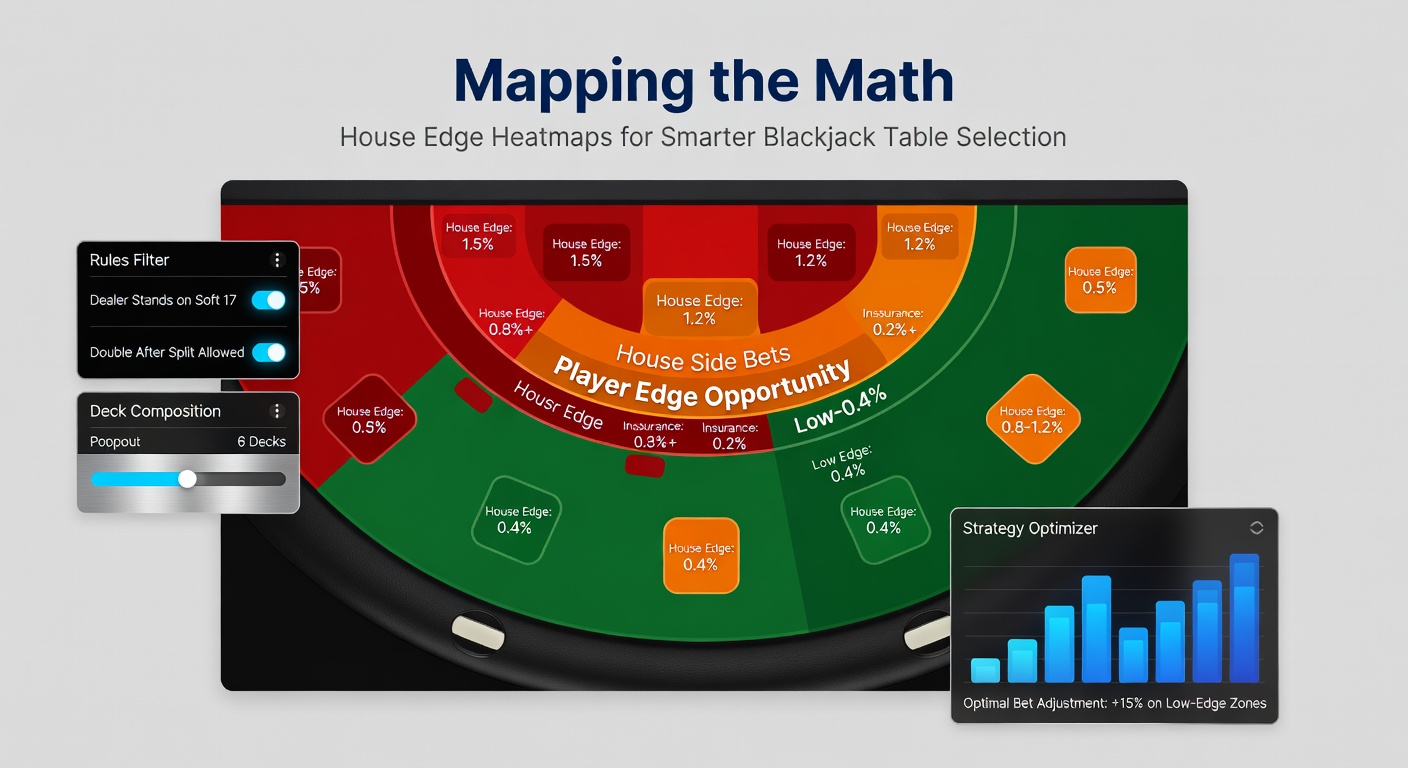Interactive digital heatmap interface showing blackjack tables sorted by house edge, with filters for decks, payouts, and regions