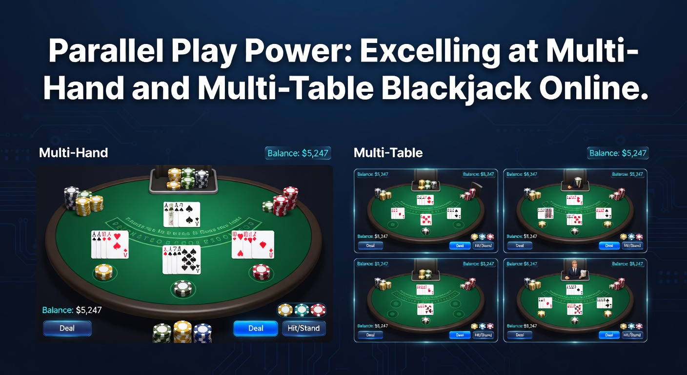 Dynamic multi-table blackjack dashboard displaying synchronized hands across four live dealer tables with bet trackers and strategy overlays