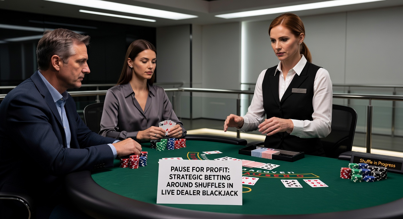 Live dealer at an online blackjack table mid-shuffle, cards flying through an automatic shuffling machine as players watch for the reset moment