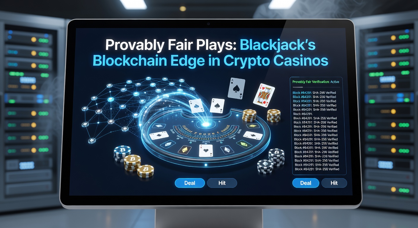 Screenshot of a crypto blackjack table displaying open server seed, client seed input, and verification button, with blockchain explorer link visible