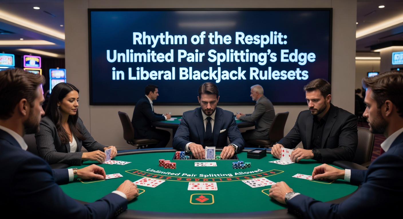 Digital blackjack interface displaying a hand with unlimited resplits in progress, aces and eights fanned out across multiple betting spots under liberal rules