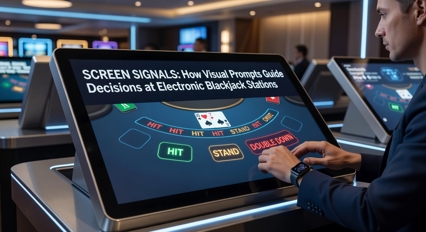 Electronic blackjack station screen displaying visual decision prompts and highlighted betting options
