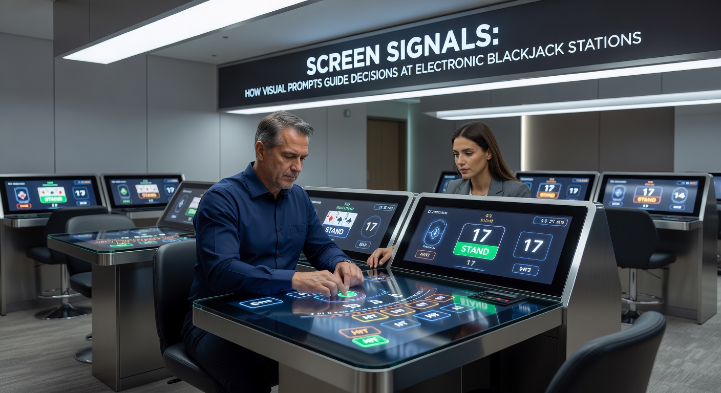 Close-up view of electronic blackjack interface showing animated prompts and strategy indicators