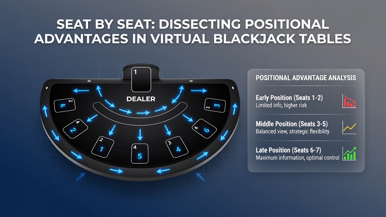 Close-up view of a virtual blackjack interface highlighting seat indicators and action order arrows