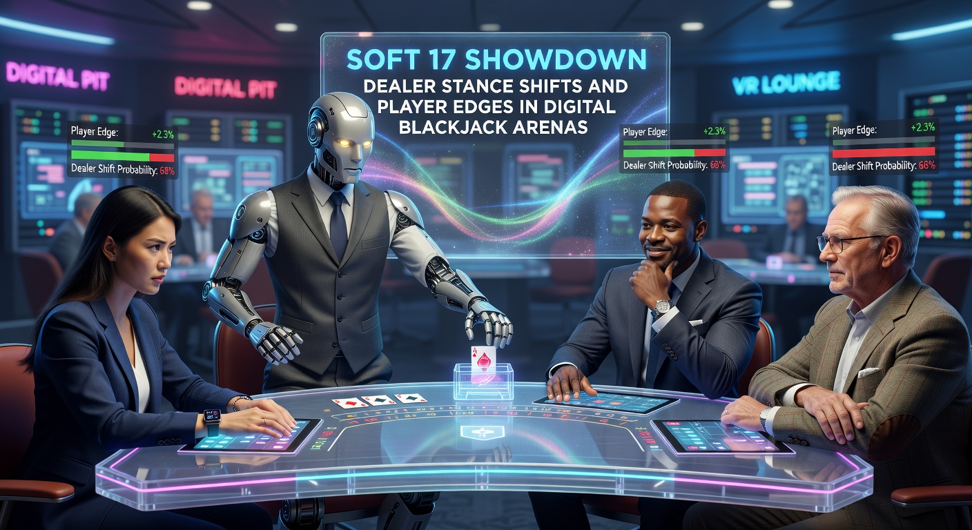 Digital blackjack table showing dealer hand with ace and six, highlighting soft 17 decision point