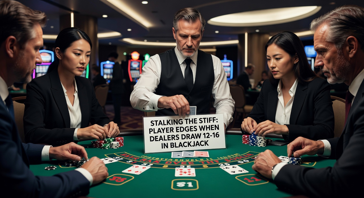 Blackjack table with dealer showing a stiff hand of 12-16, player calculating next move amid tense atmosphere
