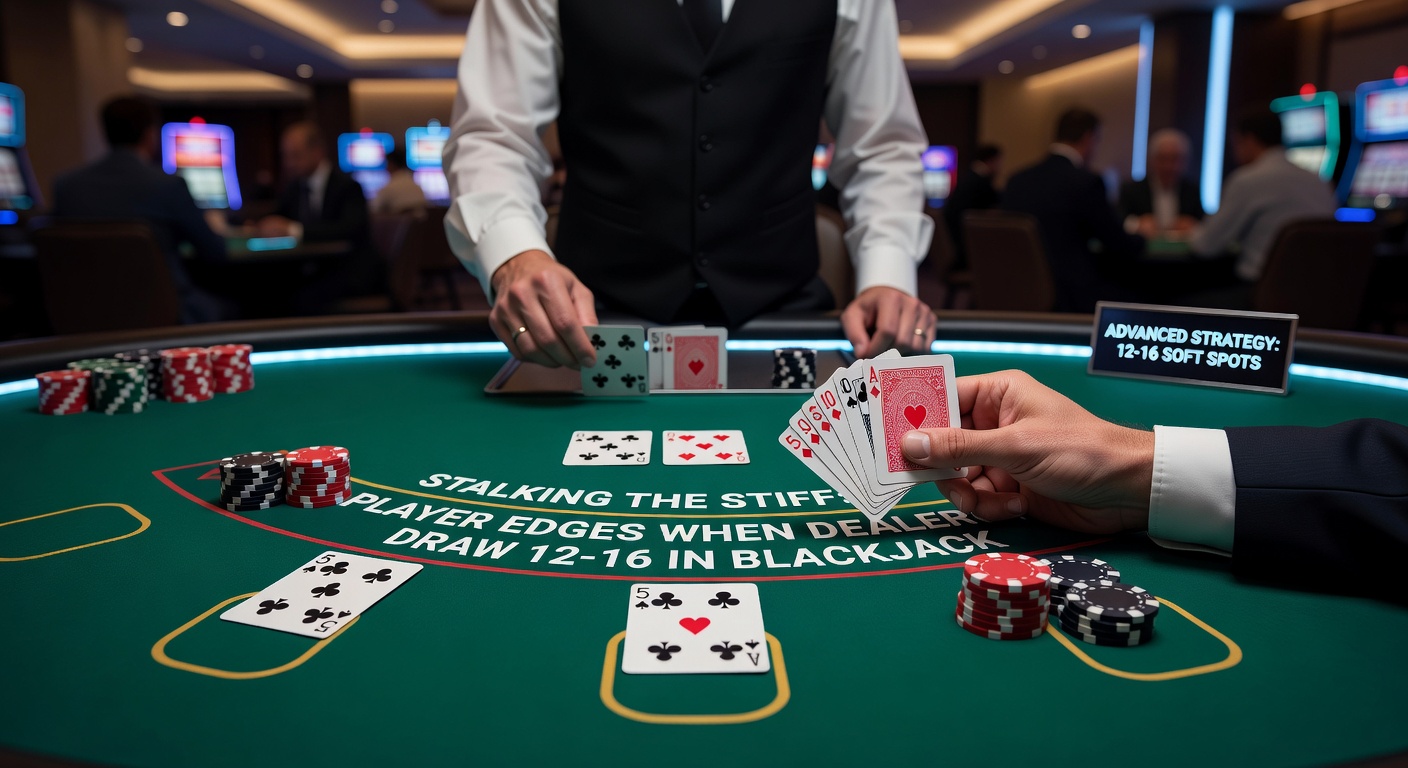 Close-up of strategy chart highlighting player actions against dealer 12-16 stiff hands, with probability overlays