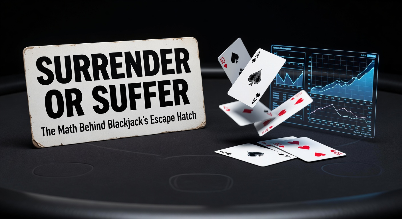 Close-up of a blackjack table showing a player's hand of 16 against dealer's 10 upcard, with surrender chip ready to forfeit half the bet