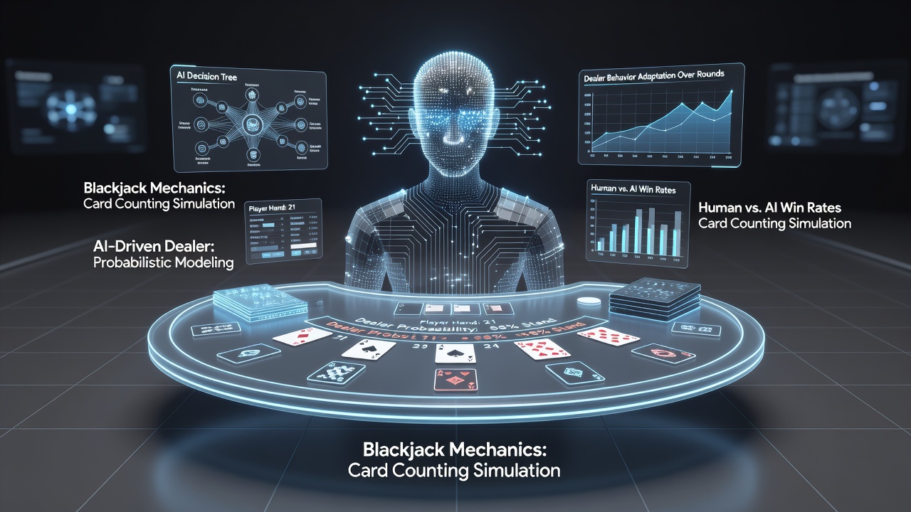 Detailed view of AI algorithms processing blackjack dealer rules in simulated gameplay