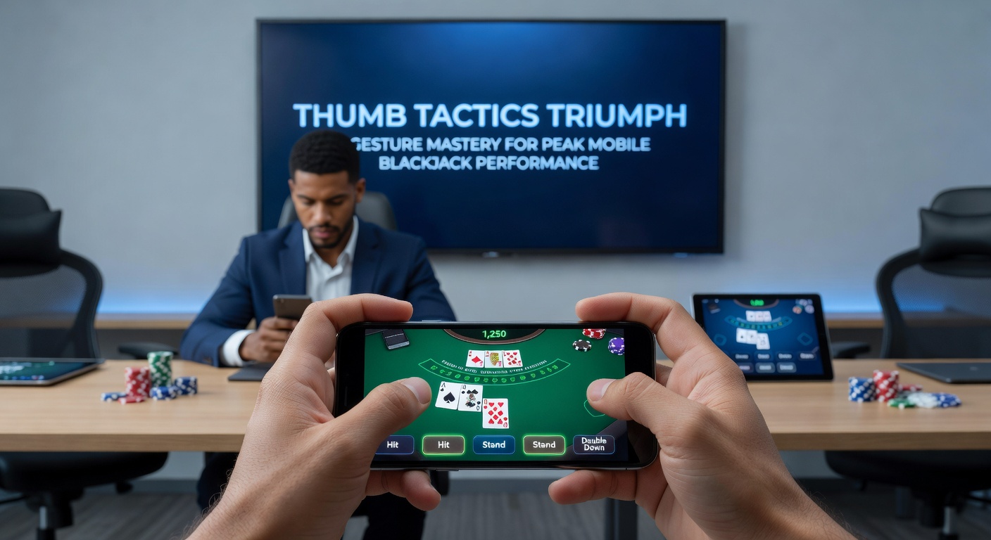 Close-up of thumbs in action, demonstrating swipe gestures for splitting and doubling in a mobile blackjack interface