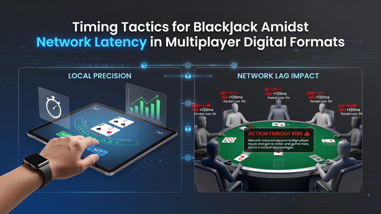 Network latency visualization in multiplayer online blackjack tables showing timing delays and player decision windows