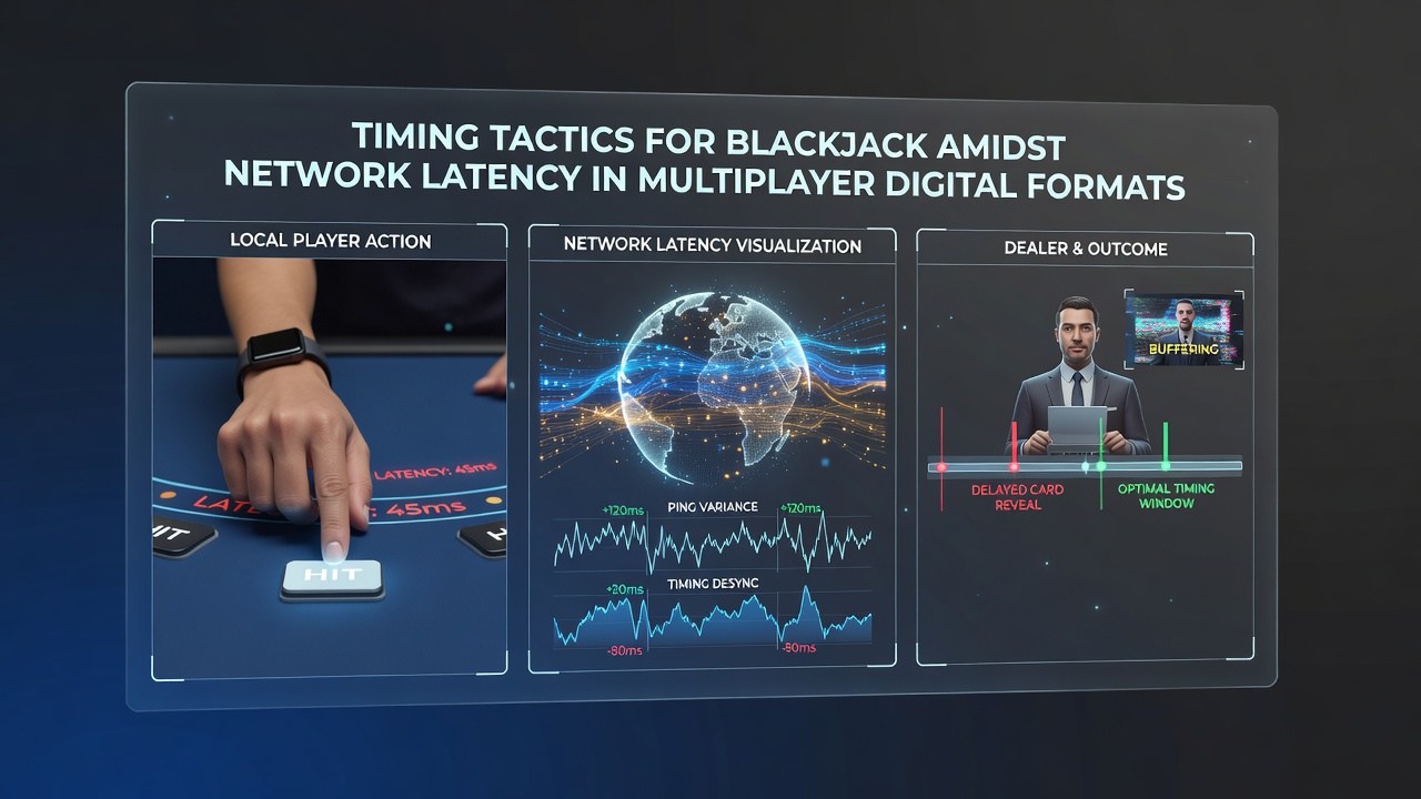 Player interface showing latency monitoring tools and timing adjustment features in digital blackjack