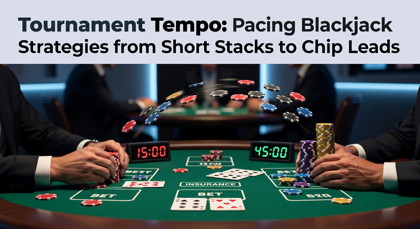 Blackjack tournament players at a table, intensely focused during a high-stakes round with chips stacked high in the foreground