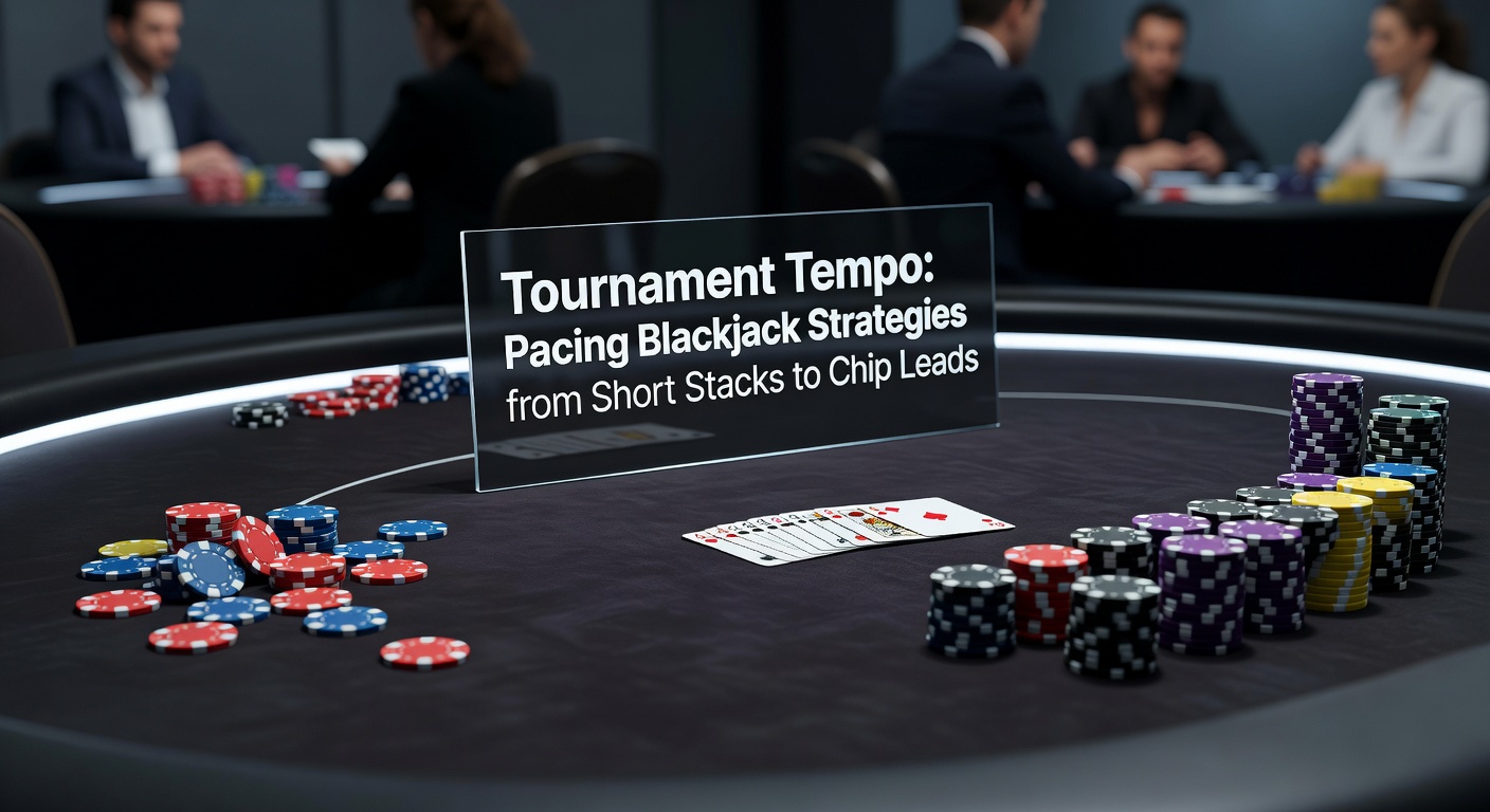 Close-up of a mid-stack player calculating bet size at a blackjack tournament table, chips organized meticulously beside the dealer