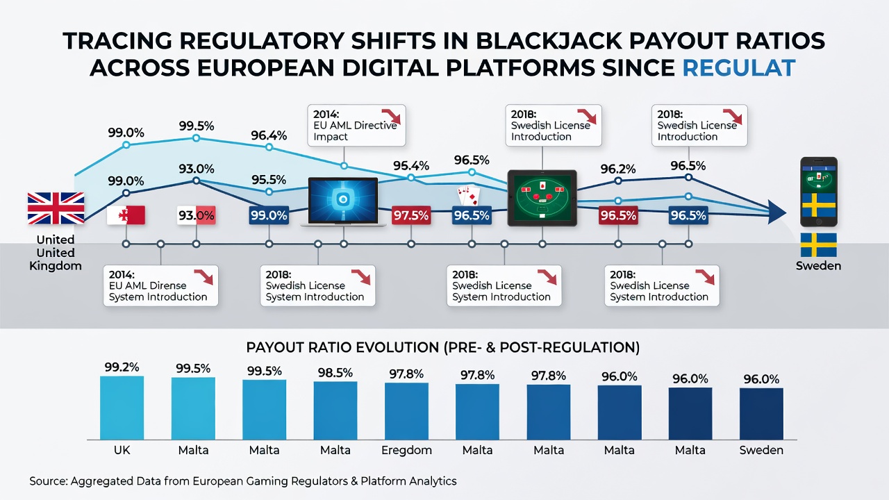 Detailed chart illustrating payout ratio trends on European online blackjack tables from 2018 to 2026