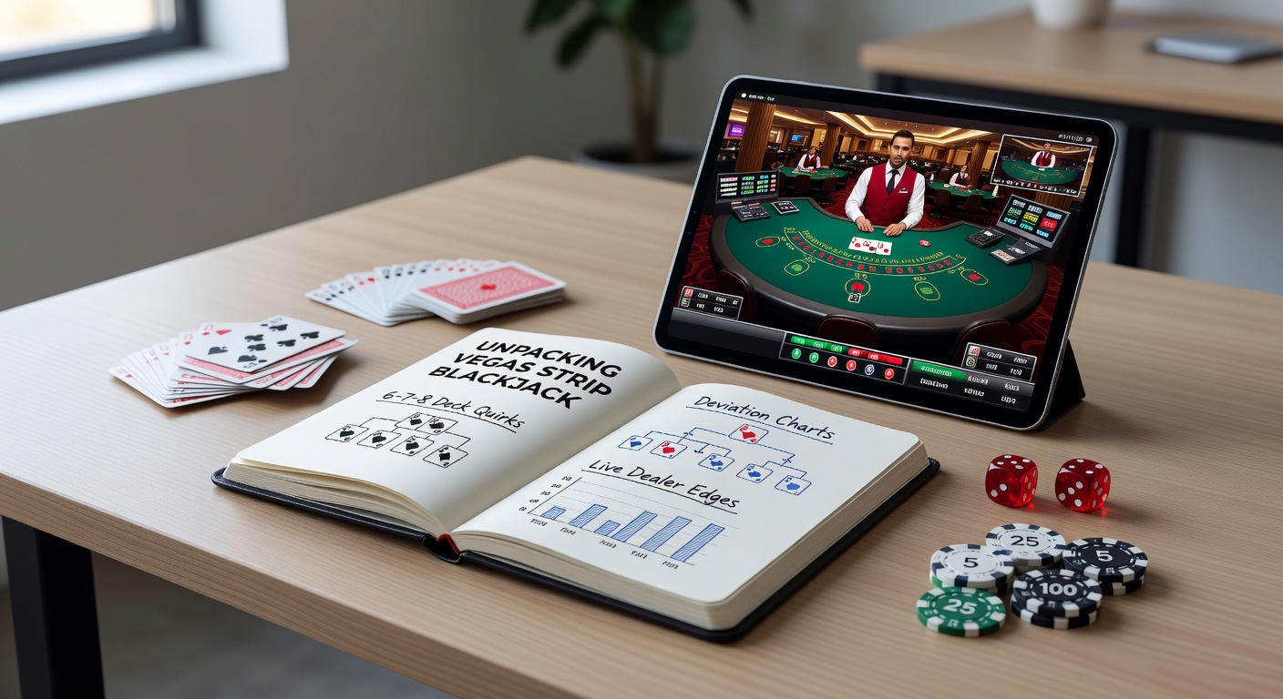 Vibrant Vegas Strip blackjack table setup featuring a shoe with 6-7-8 decks, chips stacked high, and players engaged in a hand
