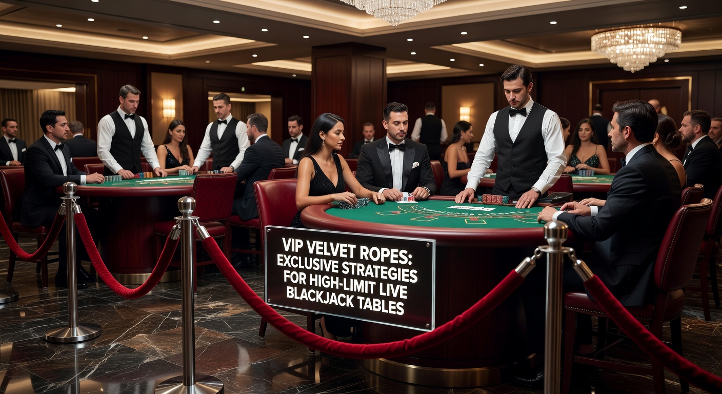 High-roller at a live VIP blackjack table, placing large chip stacks while dealer manages the action