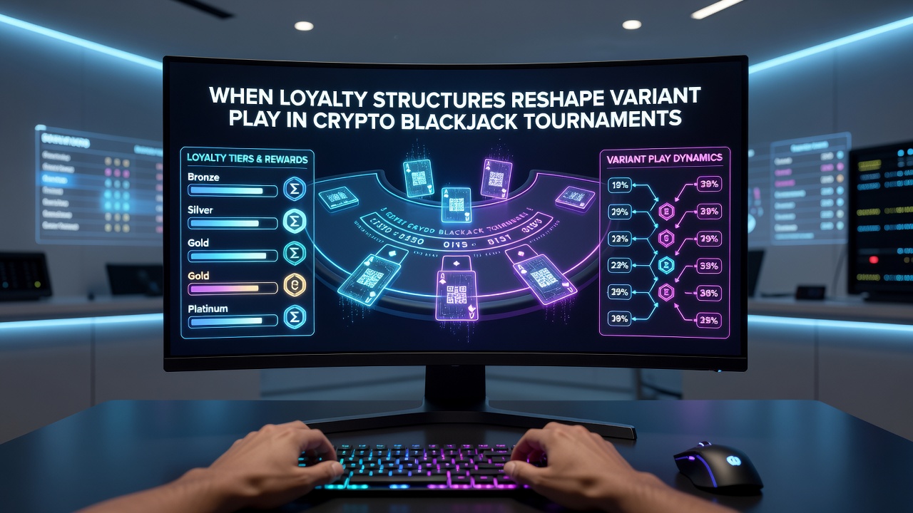 Crypto blackjack tournament players reviewing loyalty tier benefits on digital platforms